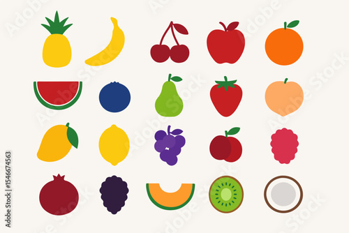Colorful Assortment of Flat Design Fruit Icons Arranged on a Cream Background Including Tropical Citrus Berries and Stone Fruits for a Healthy and Vibrant Visual