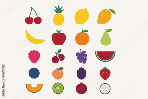 Colorful Assortment of Fruit Icons on a Cream Background A Visual Feast of Cherries Pineapple Lemon Mango Banana Apple Orange Pear Raspberry Grapes Watermelon and