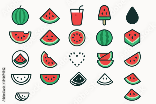 A delightful collection of watermelon themed icons showcasing various forms such as whole watermelons slices juice and even a popsicle all presented in a clean