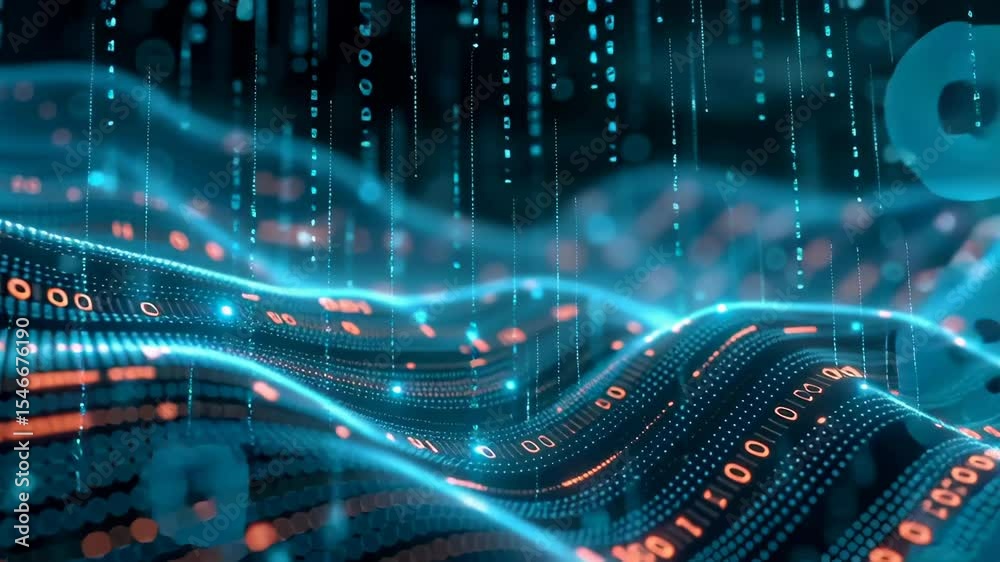 Abstract technological visualization with flowing digital waves, binary code, and glowing blue-orange numeric particles representing complex data streams and technological connectivity.
