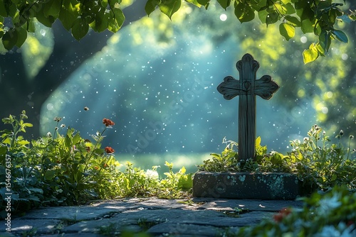 Peaceful meadow with wooden cross