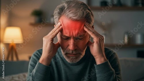 White mature male with gray hair and beard suffering from strong headache or migraine, sitting at home, holding head with hands, red glow on forehead