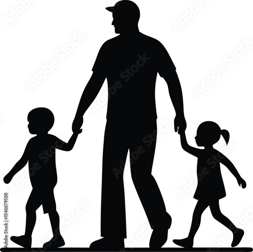 Father with wife and boy walking silhouette, Husband wife and kid walking line art silhouette vector illustration