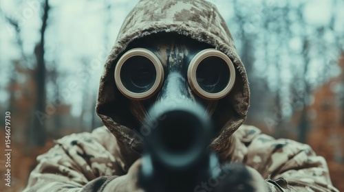 A chilling image of a mysterious figure wearing a gas mask against a stark background, invoking curiosity and contemplation about survival and the unknown.