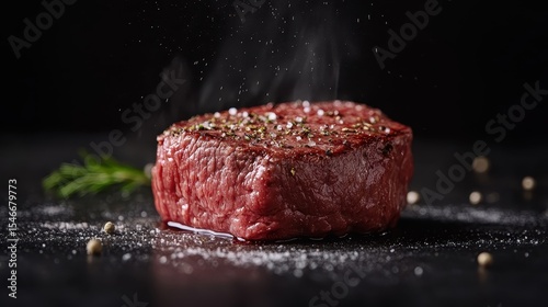 A freshly cooked piece of steak sizzles with spice, herb seasoning and moisture, showcasing culinary art that appeals to food lovers and chefs alike with its impeccable presentation.