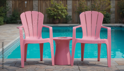 Two bright pink plastic chairs and a matching table sit by a turquoise pool, creating a cheerful and inviting outdoor seating area perfect for relaxation
