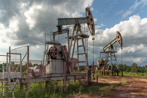 Oil production at the field. Extraction of oil from the reservoir using rocking machines. The construction of the rocking machine. Summer. Beautiful sky and nature