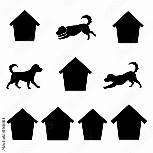 Dog houses and canine silhouette set