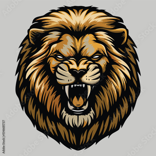 Roaring Lion: A striking illustration of a lion, its fierce expression and prominent mane showcasing its strength and majesty. The lion roars with teeth, illustrating power, confidence.