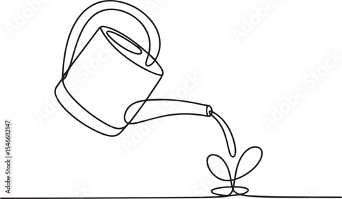 Continuous single line drawing of a watering can pouring water onto a small plant symbolizing growth and nurturing

