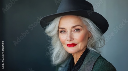 An elegant older woman with lovely silver hair and striking red lips poses gracefully, wearing a stylish hat and showcasing timeless beauty and confidence through fashion.