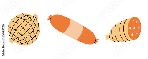 Smoked ham sausages. Semi-finished products. Vector illustration.