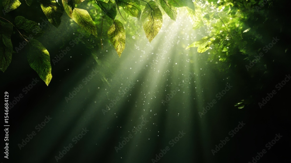 Naklejka premium This enchanting image captures sun rays penetrating through lush green foliage, creating a magical and serene atmosphere within a tranquil forest setting.
