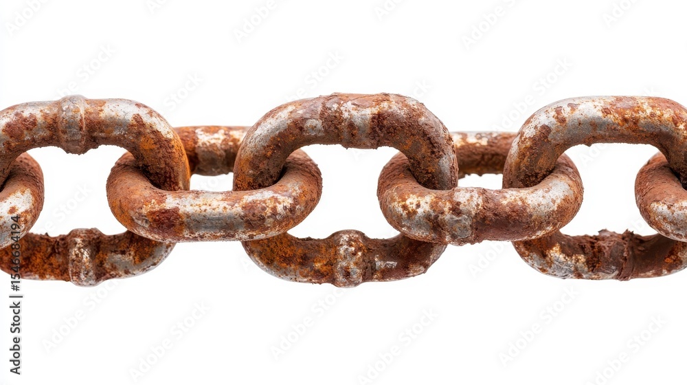 Obraz premium A close-up of rusted chain links against a white background, symbolizing aging, strength, and the passage of time through textures and imperfections in materials.