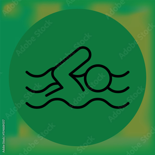 Minimalist illustration of a swimmer in motion with water waves, set within a green circular background—ideal for swimming, aquatic sports, or fitness themes.