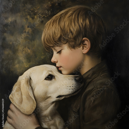 Heartwarming Scene of Young Boy Affectionately Hugging Golden Retriever Puppy - Childhood Companionship