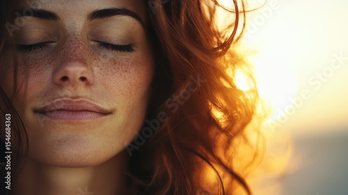 A close-up of a woman with freckles peacefully enjoying a warm sunset glow, capturing the essence of serenity, beauty, and the simple joys of life in an enchanting moment. photo