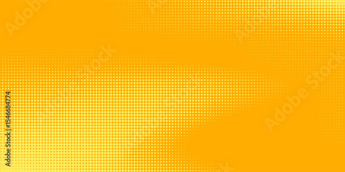Yellow halftone pattern. Retro comic gradient background. Bright orange pixelated dotted texture overlay. Cartoon pop art faded gradient pattern. Vector backdrop for poster, banner, advertisement
