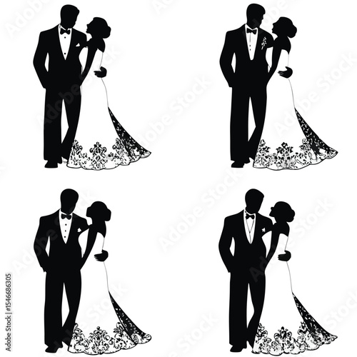 Silhouette illustrations of couples in formal wear showcasing various romantic poses and elegant attire