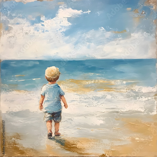 Young Child Walking Towards the Gentle Ocean Waves on a Sunny Sandy Beach - Summer Vacation Bliss