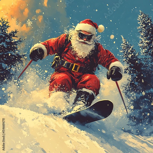 Santa claus enjoying a snowy day on a snowboard skiing down a wintery photo