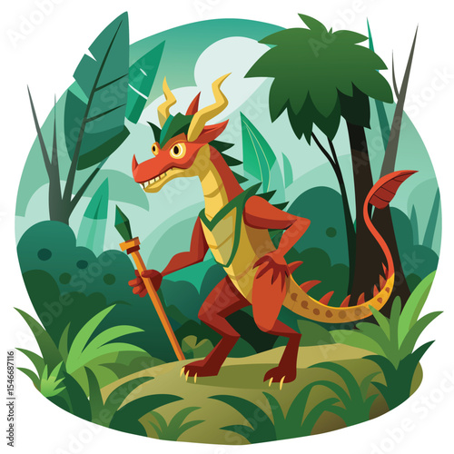 A vibrant dragon stands proudly in a lush forest holding a spear under a full moon