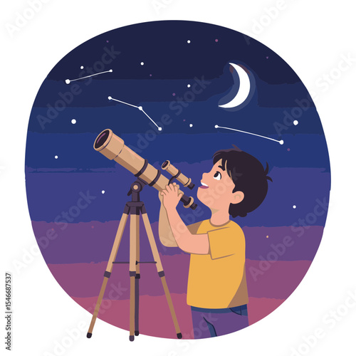 Child Adjusting Telescope Focus, Astronomy Flat Icon