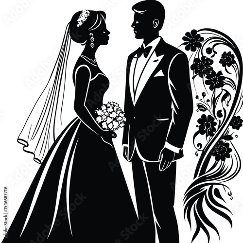 Bride and groom standing together, holding flowers, in a elegant wedding illustration with floral designs