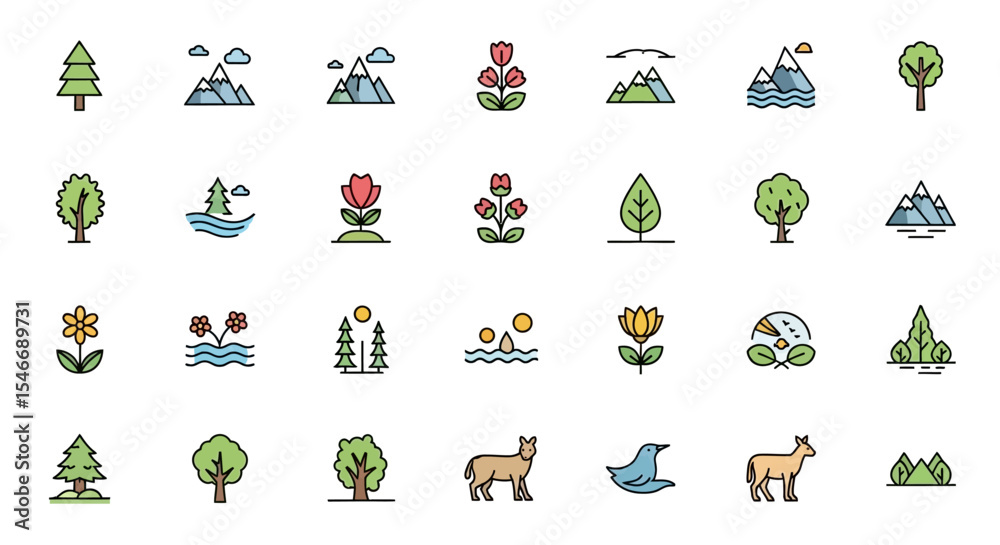 Obraz premium Nature Icons Mountains, Trees, Flowers, and Animals – Vector Illustrations