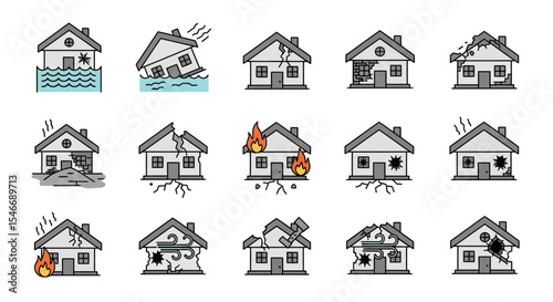 House Damage Icons Flood, Fire, Earthquake, and More