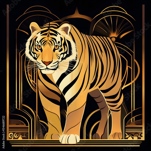 Art Deco Style Golden Tiger Illustration with Geometric Lines - Elegant Wildlife Graphic Art