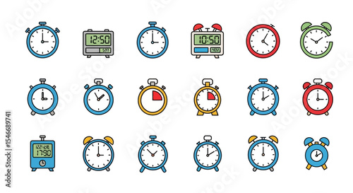 Colorful Clock and Timer Icons A Comprehensive Set of Timekeeping Illustrations