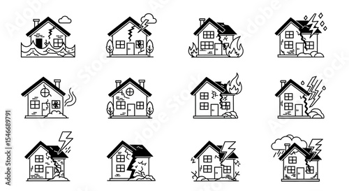 House Damage Illustrations Flood, Fire, Earthquake, Storm Icons