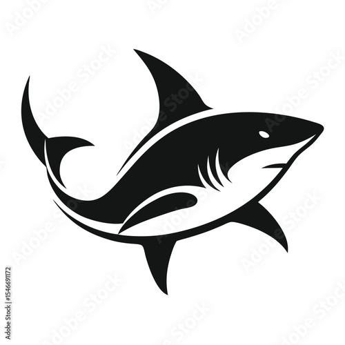 Vector illustration of a shark swimming in the ocean, viewed from the side with a white background