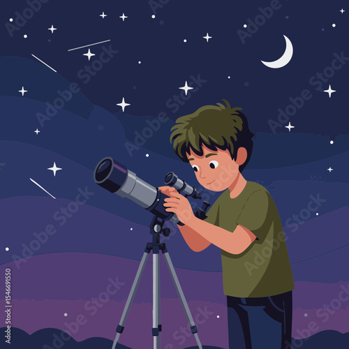 Child Adjusting Telescope Focus, Astronomy Flat Icon