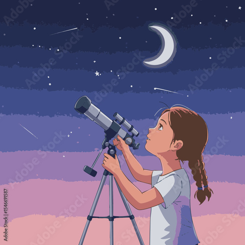  Child Adjusting Telescope Focus, Astronomy Flat Icon