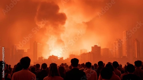 crowd igniting headquarters of logistics company flames rising high into urban skyline