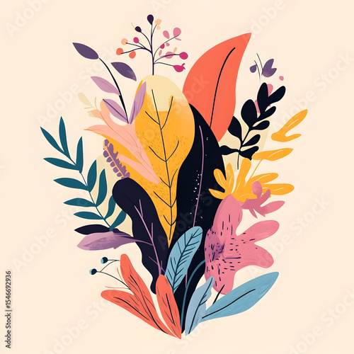 Modern Abstract Tropical Leaves Pattern in Vibrant Colors on a Light Background - Botanical Illustration