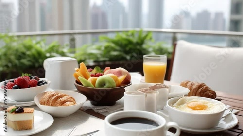delightful breakfast on balcony overlooking city skyline featuring array of mini desserts and fresh fruits bathed