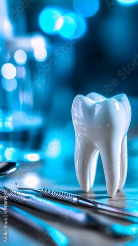 Glossy Artificial Tooth with Dental Pick on Wood Surface and Blue Bokeh Background perfect for dental clinic posters, oral hygiene campaigns, educational materials and medical service branding