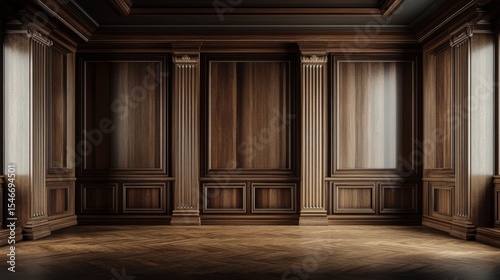 Dark Wood Paneling Room 3D Render, Classic Interior Design, Wooden Walls, Architectural Detail, parquet flooring Classic Interior, 3D Rendering