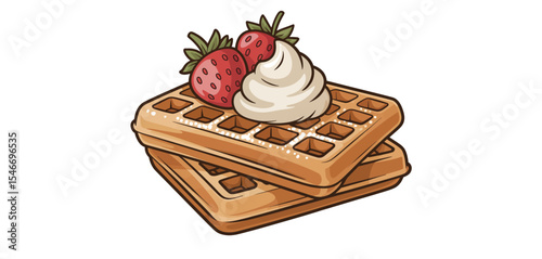 Delicious waffles topped with strawberries and cream