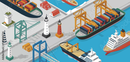 Isometric illustration of a busy harbor with cargo ships and lighthouses