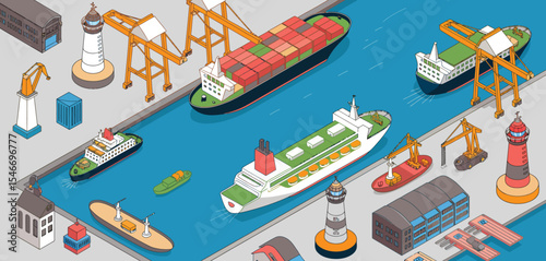 Isometric illustration of a busy cargo port with ships and cranes