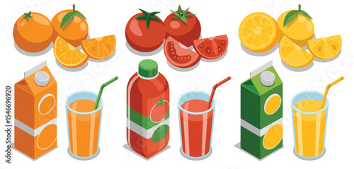 Isometric illustration of orange and tomato juices