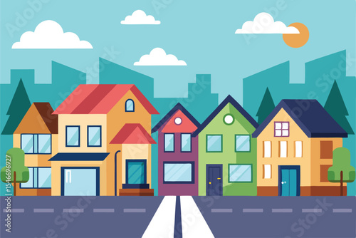 Modern street with different house styles front view urban neighborhood vector illustration