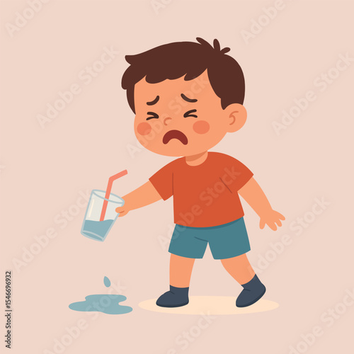 Sad Boy Spilling a Glass of Water