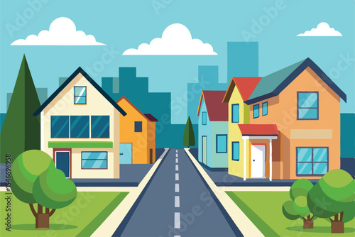 Various houses front view on modern street residential neighborhood vector art illustration