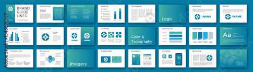 Corporate brand manual. Identity style guide. Logo guideline template. Logobook layout for designers. Visual identity presentation.