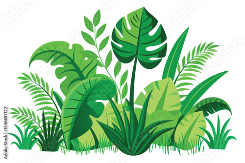 Set of Green Grass and Tropical Leaves Jungle Nature Landscape Vector Art Illustration